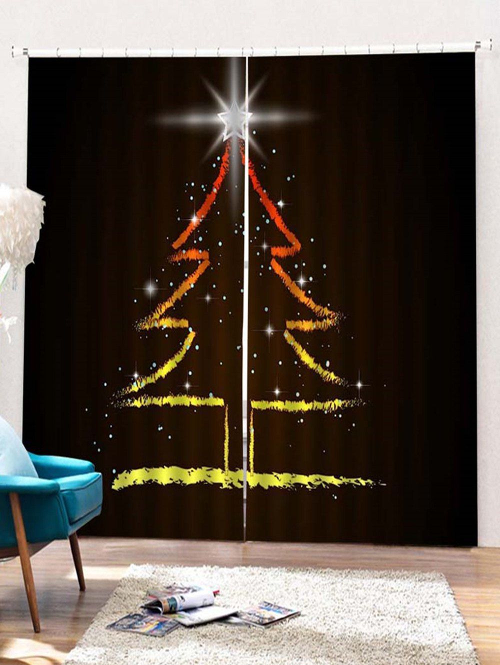 

2PCS Star Christmas Tree Pattern Window Curtains, Black