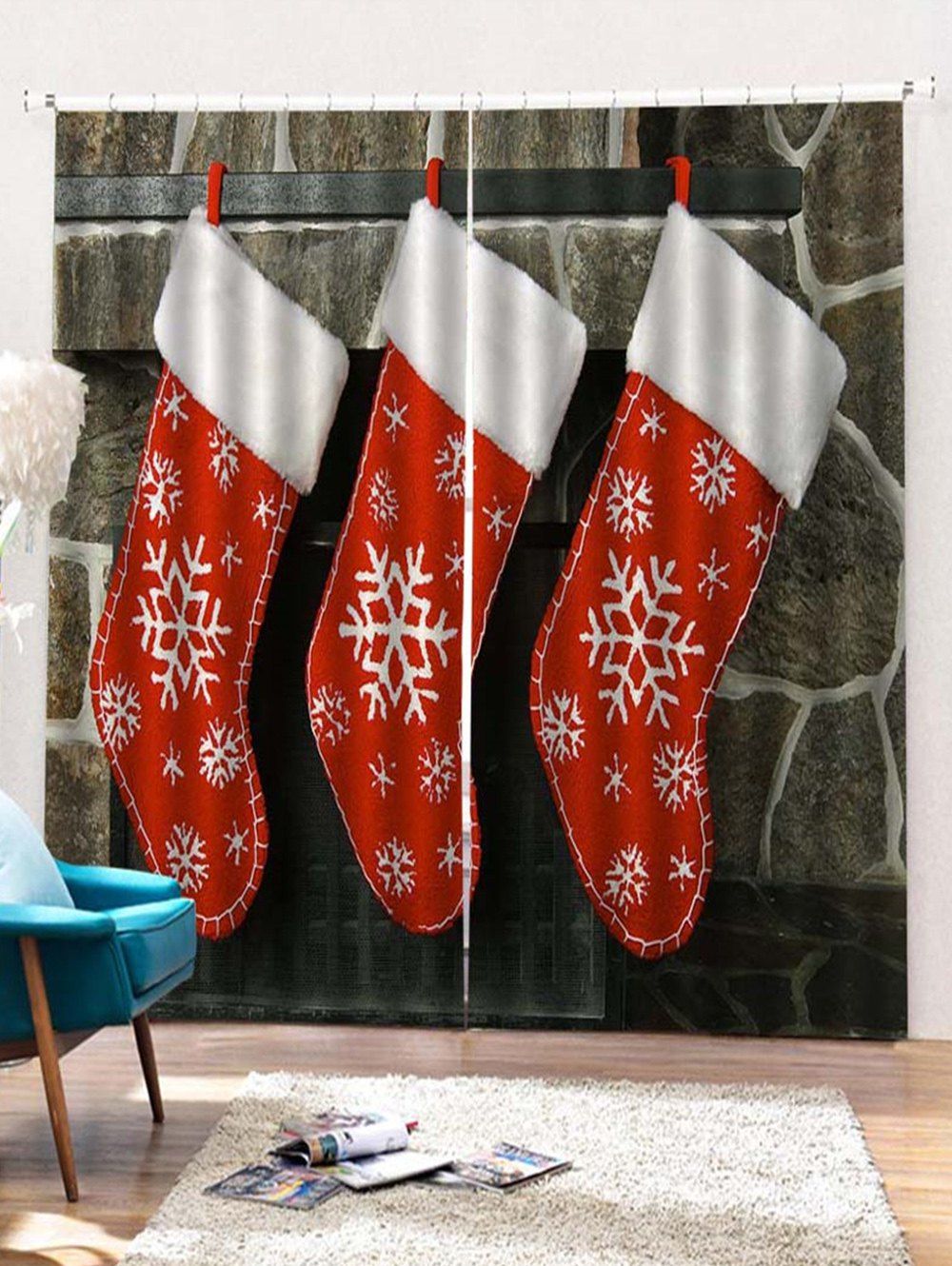 

2PCS Christmas Stocking Snowflake Pattern Window Curtains, Lava red