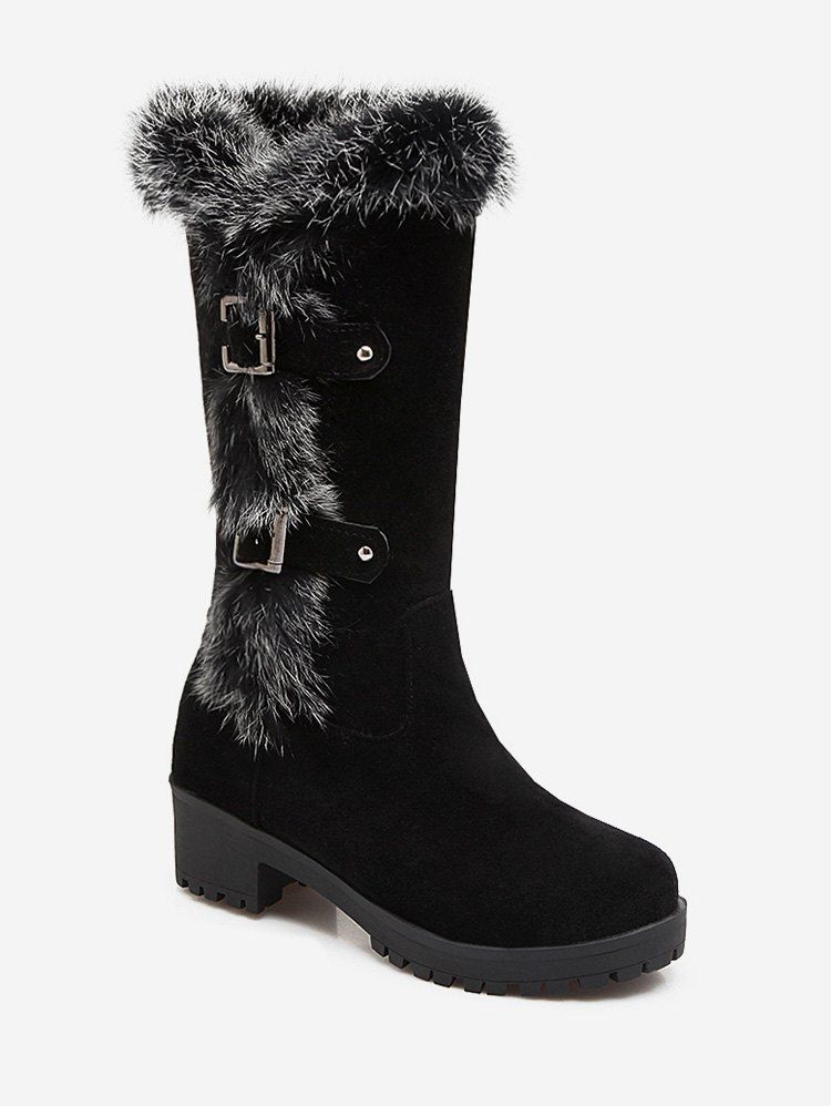 

Plus Size Buckle Detail Faux Fur Knee High Boots, Black