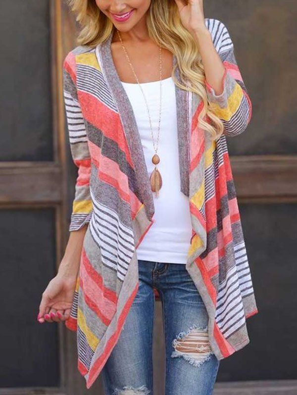 

Stripe Stitching Sleeve Cardigan, Lava red