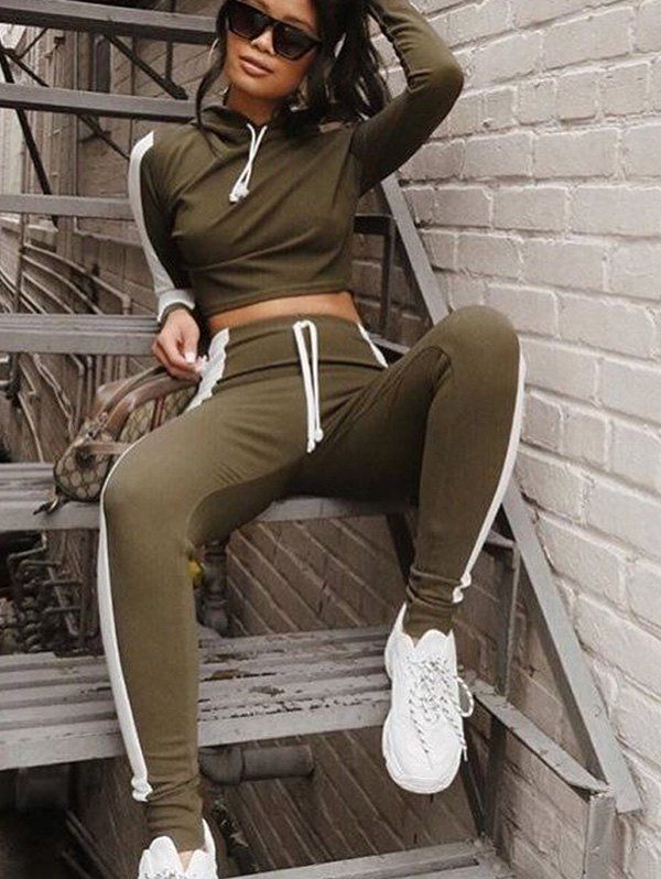 

Leisure Sports Suit Hooded Long-sleeved Sweater Straps Feet Pants, Army green