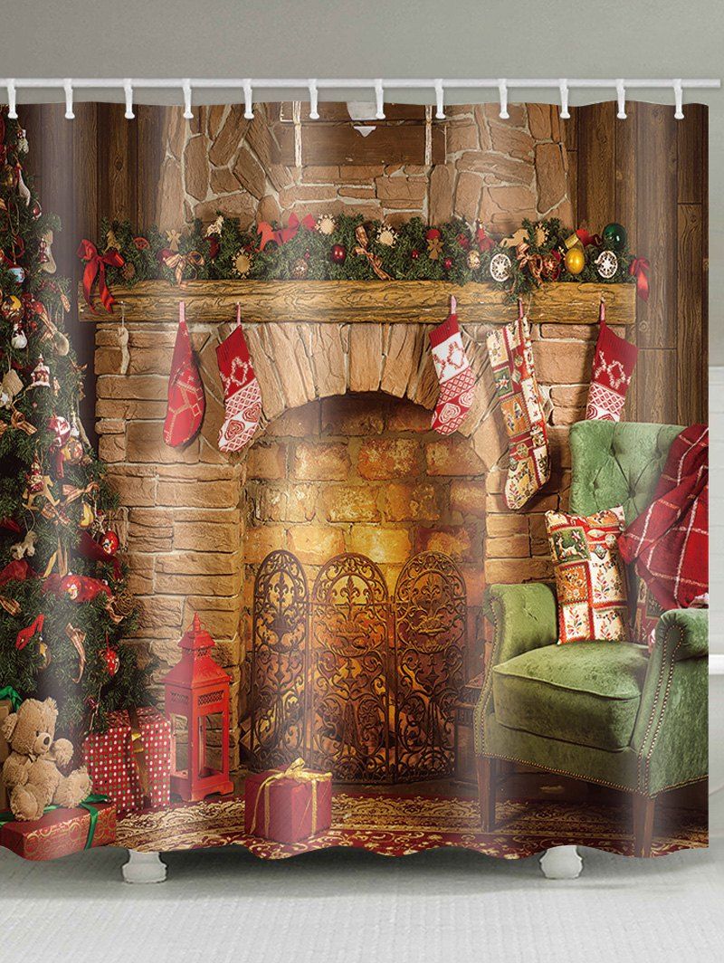 Christmas Fireplace Print Waterproof Bathroom Shower Curtain Toilet Cover Mats