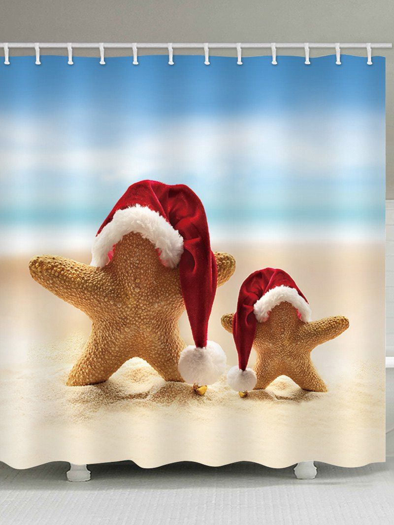 

Beach Christmas Starfish Print Waterproof Bathroom Shower Curtain, Multi