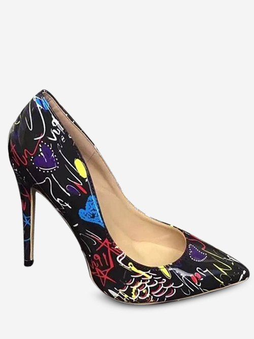 

Artist Doodle Print Pointed Toe Heeled Pumps, Black