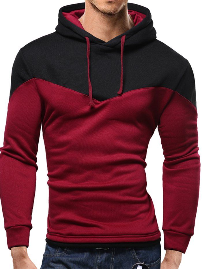 

Men's Fitted Casual Long Sleeve Stitching Hoodie, Cherry red