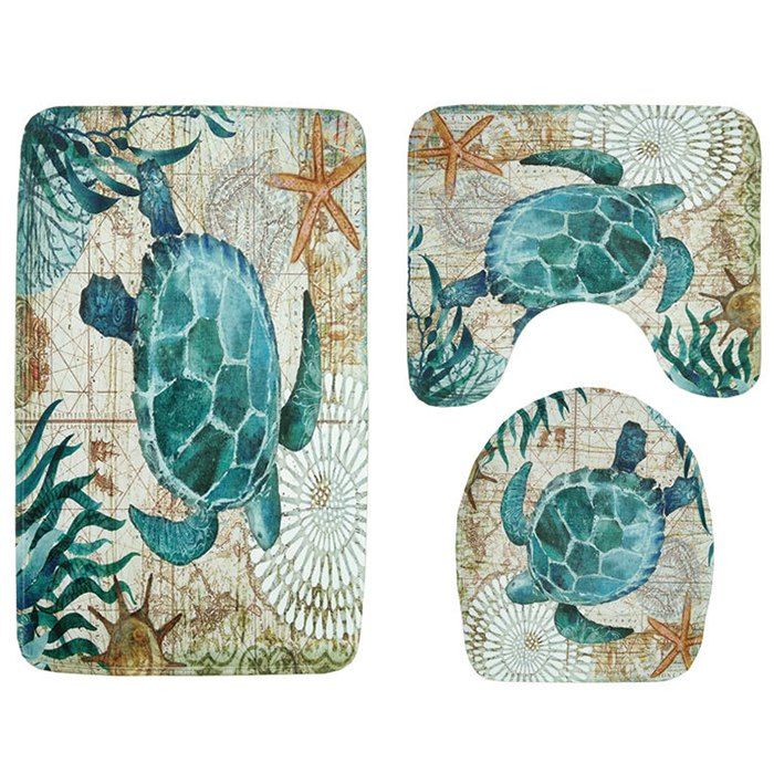 

Turtle Print Toilet Mat Bathroom Anti-slip Carpet Set, Sea turtle green