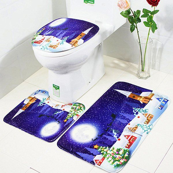 

Christmas Toilet Rug Castle Printed Mat 3 Pcs, Navy blue
