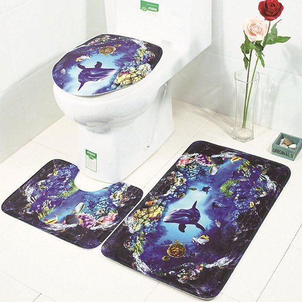 

Ocean World Printed Toilet Mat Bathroom Anti-slip Carpet Set, Midnight blue