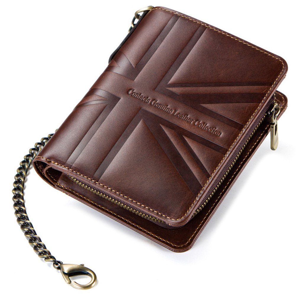 

M1271 Crazy Horse Leather Embossed Tri-Fold Leather Men Zip Wallet, Coffee