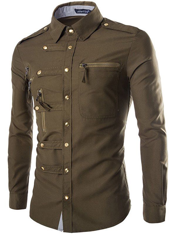 

Men Slim Shirt Comfortable Long Sleeve Leisure Button, Army green