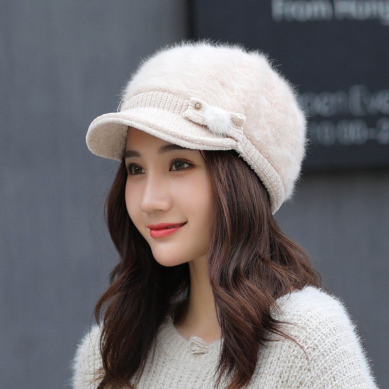 

Rabbit Fur Hat Ladies Winter Duck Tongue Knit Hat Thick Warm Beret, White