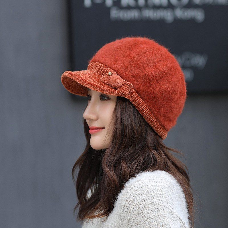 

Rabbit Fur Hat Ladies Winter Duck Tongue Knit Hat Thick Warm Beret, Chestnut red