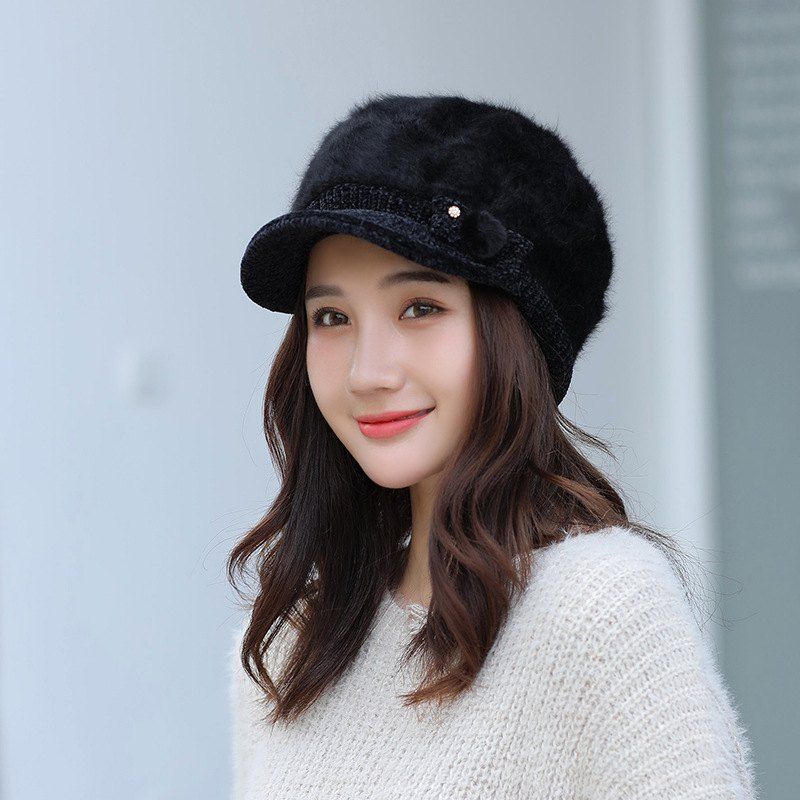 

Rabbit Fur Hat Ladies Winter Duck Tongue Knit Hat Thick Warm Beret, Black
