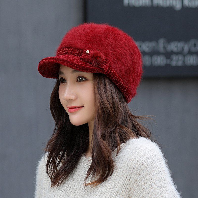 

Rabbit Fur Hat Ladies Winter Duck Tongue Knit Hat Thick Warm Beret for Women, Red wine