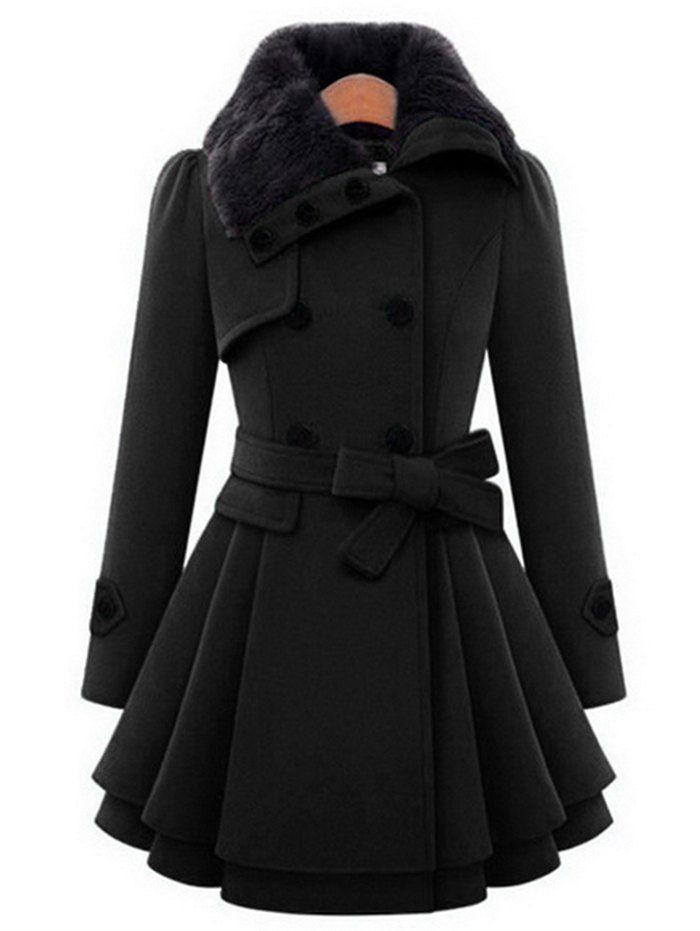 

Men's Fur Collar Thick Woolen Coat, Black