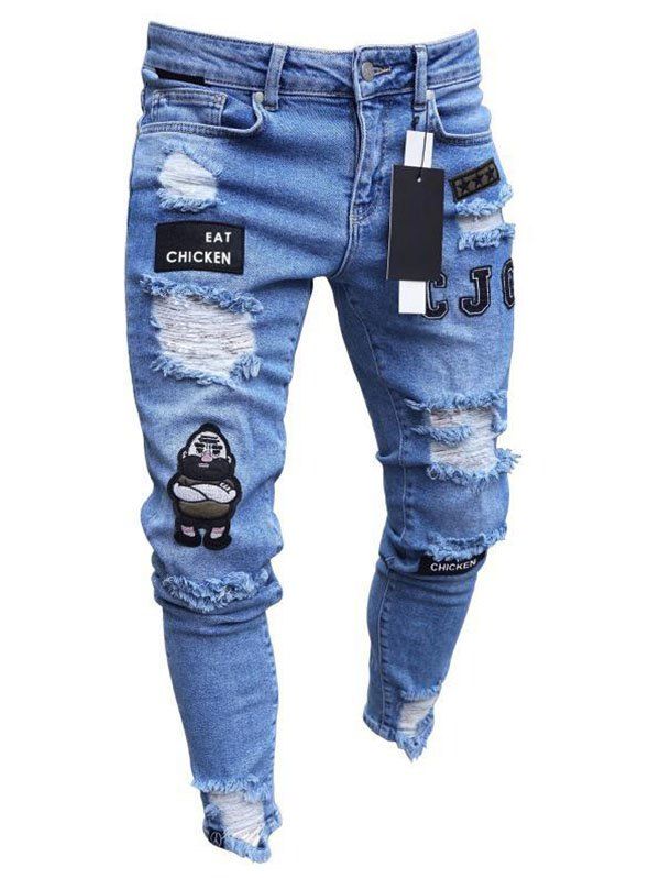 

Men Leisure Pants Comfortable Slim Hole Pants, Denim blue