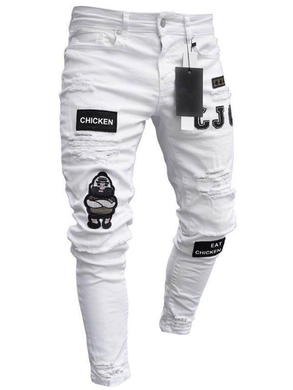 

Men Leisure Pants Comfortable Slim Hole Pants, White