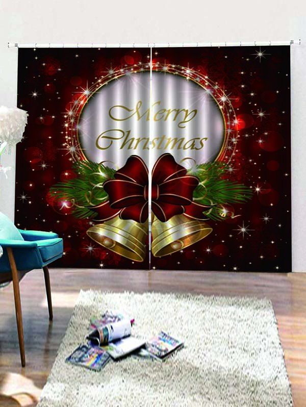 

2 Panels Christmas Bells Print Window Curtains, Red wine