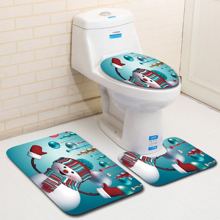 

Dl2005 Christmas Snowman Bathroom Toilet Three-piece Floor Mat Door Mat Bathroom Carpet, Multi-a