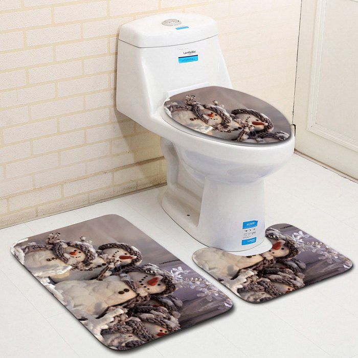 

Dl2008 Christmas Snowman Bathroom Toilet Floor Mat Door Mat Toilet Seat 3pcs, Multi-a