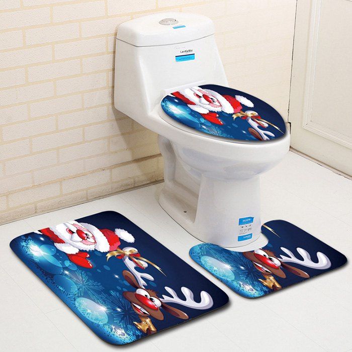 

Dl2010 Christmas Snowman Bathroom Toilet Floor Mat Door Mat Toilet Seat 3pcs, Multi-a