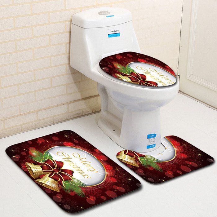 

Dl2012 Christmas Snowman Bathroom Toilet Floor Mat Door Mat Toilet Seat 3pcs, Multi-a