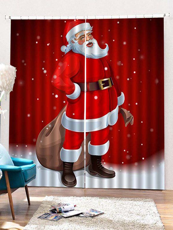 

2 Panels Christmas Santa Claus Print Window Curtains, Red