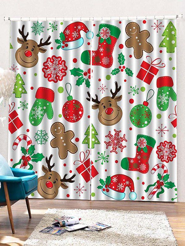 

2PCS Christmas Theme Deer Snowflake Pattern Window Curtains, Algae green