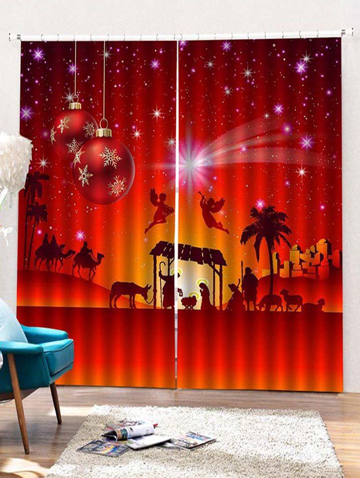 

2PCS Christmas Snowflake Angel Pattern Window Curtains, Lava red