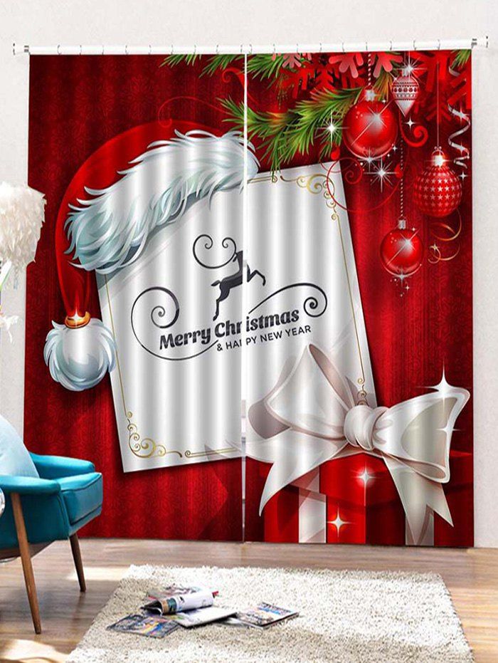 

2PCS Merry Christmas Hat Gift Pattern Window Curtains, Lava red