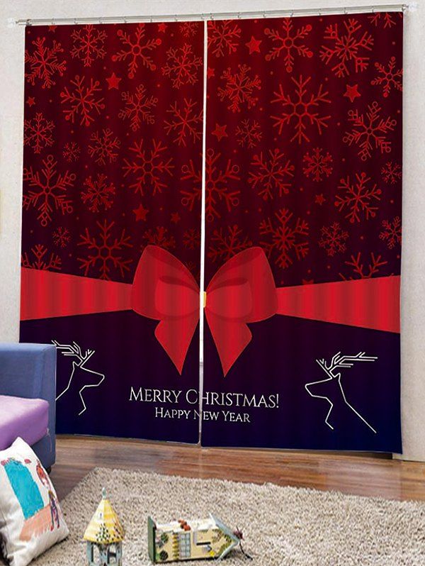 

2PCS Merry Christmas Deer Bowknot Pattern Window Curtains, Red wine