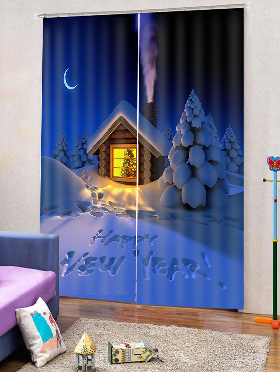

2PCS Christmas Happy New Year Pattern Window Curtains, Cobalt blue