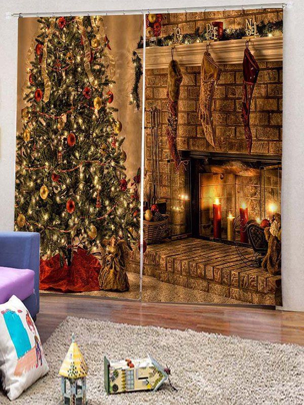 

2PCS Christmas Tree Candle Pattern Window Curtains, Wood