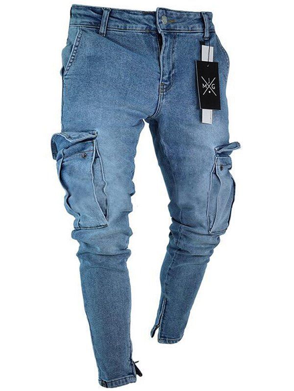 

Men Fashionable Knee Broken Hole Zipper Skinny Jeans, Light blue