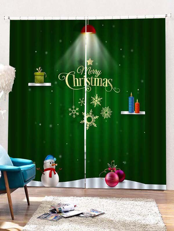 Rideaux de Fenêtre Joyeux Noël Motif de Bonhomme de Neige et de Cadeau 2 Pièces Vert Forêt Moyen W30 x L65 inch x 2pcs