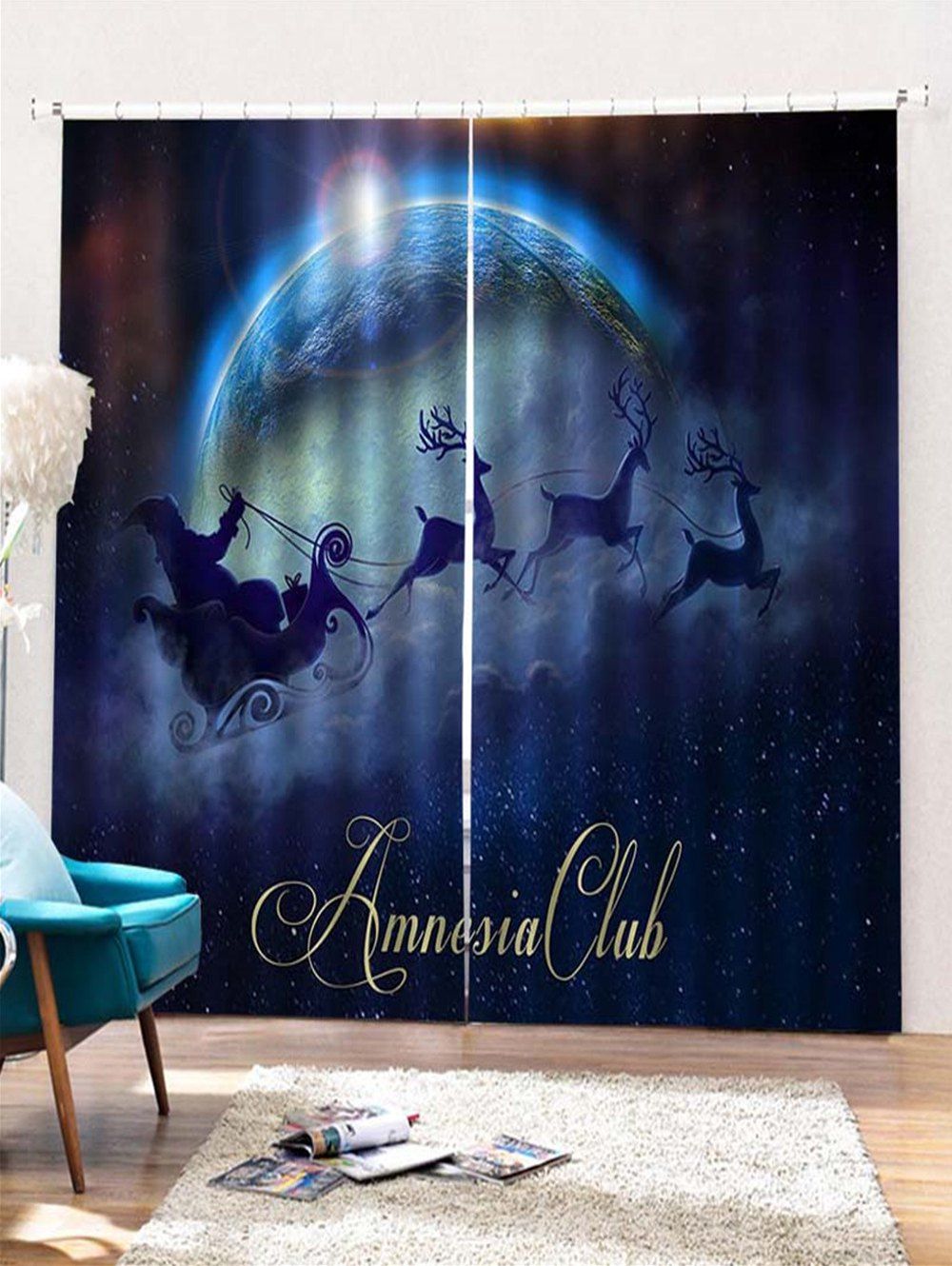 

2PCS Santa Claus Christmas Deer Pattern Window Curtains, Midnight blue