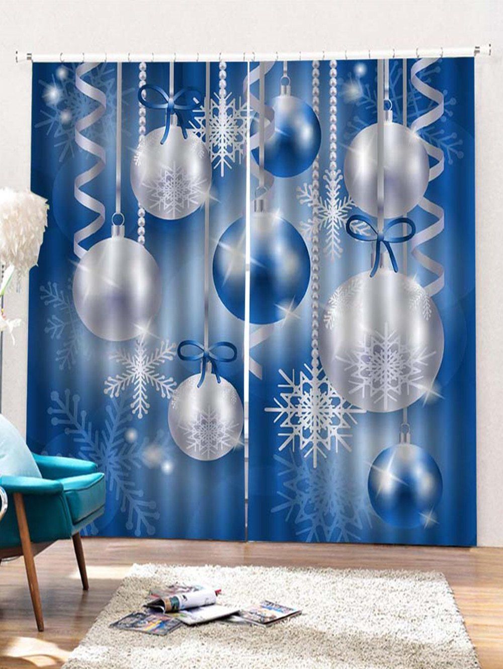 

2PCS Christmas Snowflake Ball Pattern Window Curtains, Cornflower blue