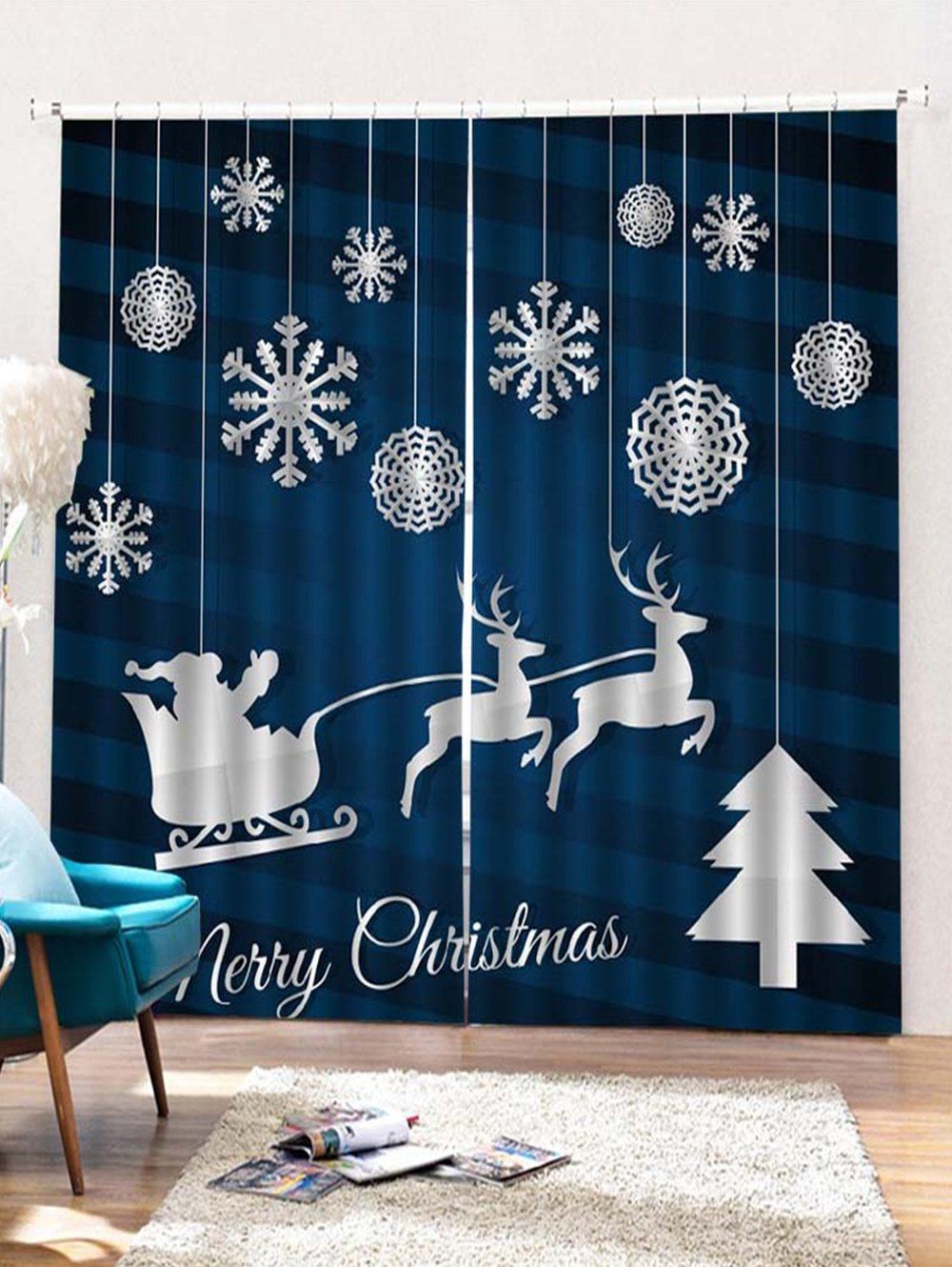 

2PCS Merry Christmas Snowflake Deer Pattern Window Curtains, Peacock blue