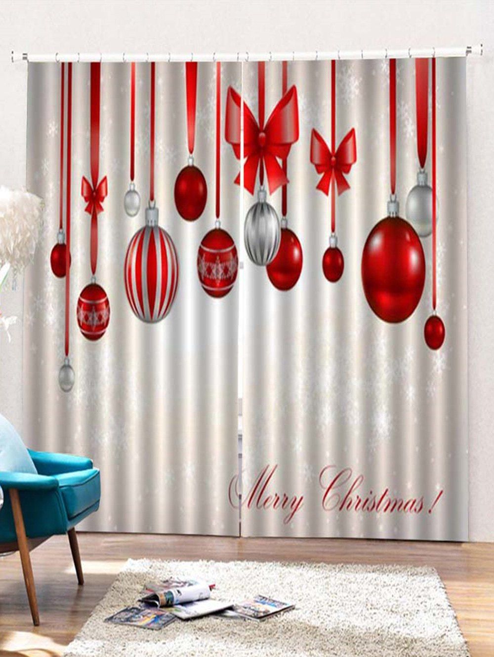 

2 Panels Christmas Hanging Balls Print Window Curtains, Multi