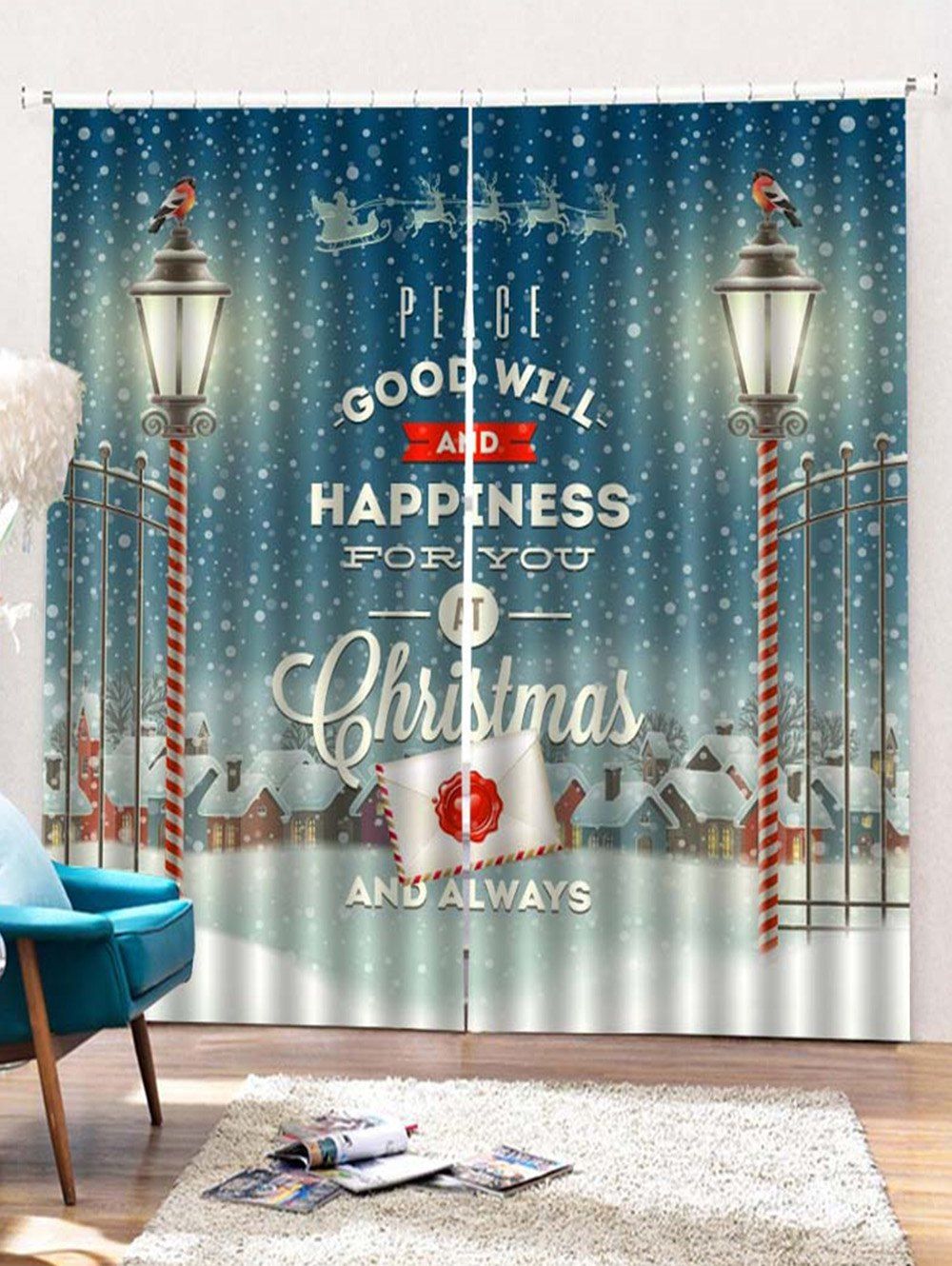 

2 Panels Christmas Town Blessing Print Window Curtains, Multi