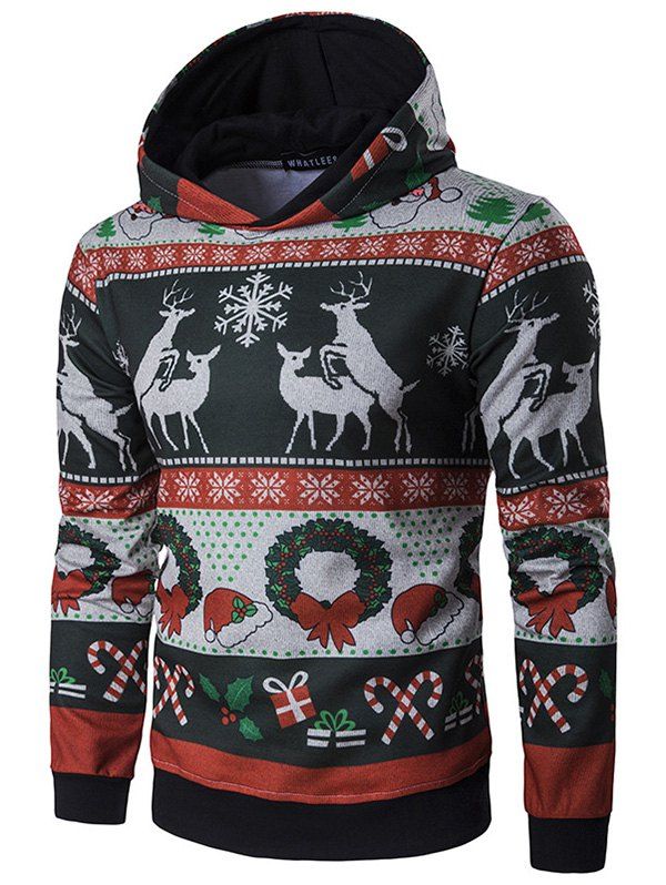 

Men's Personality Hooded Striped Christmas Elk Print Pullover Hoodie, Multi-a