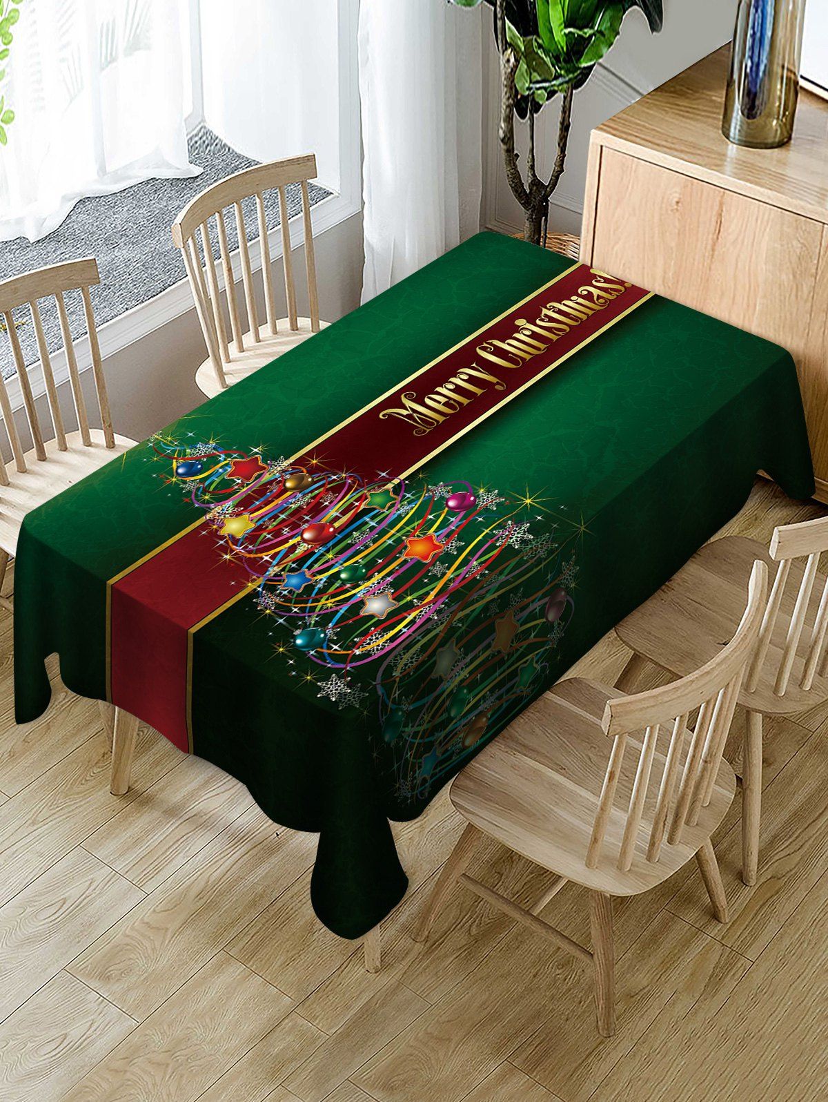 

Merry Christmas Tree Star Fabric Waterproof Table Cloth, Deep green