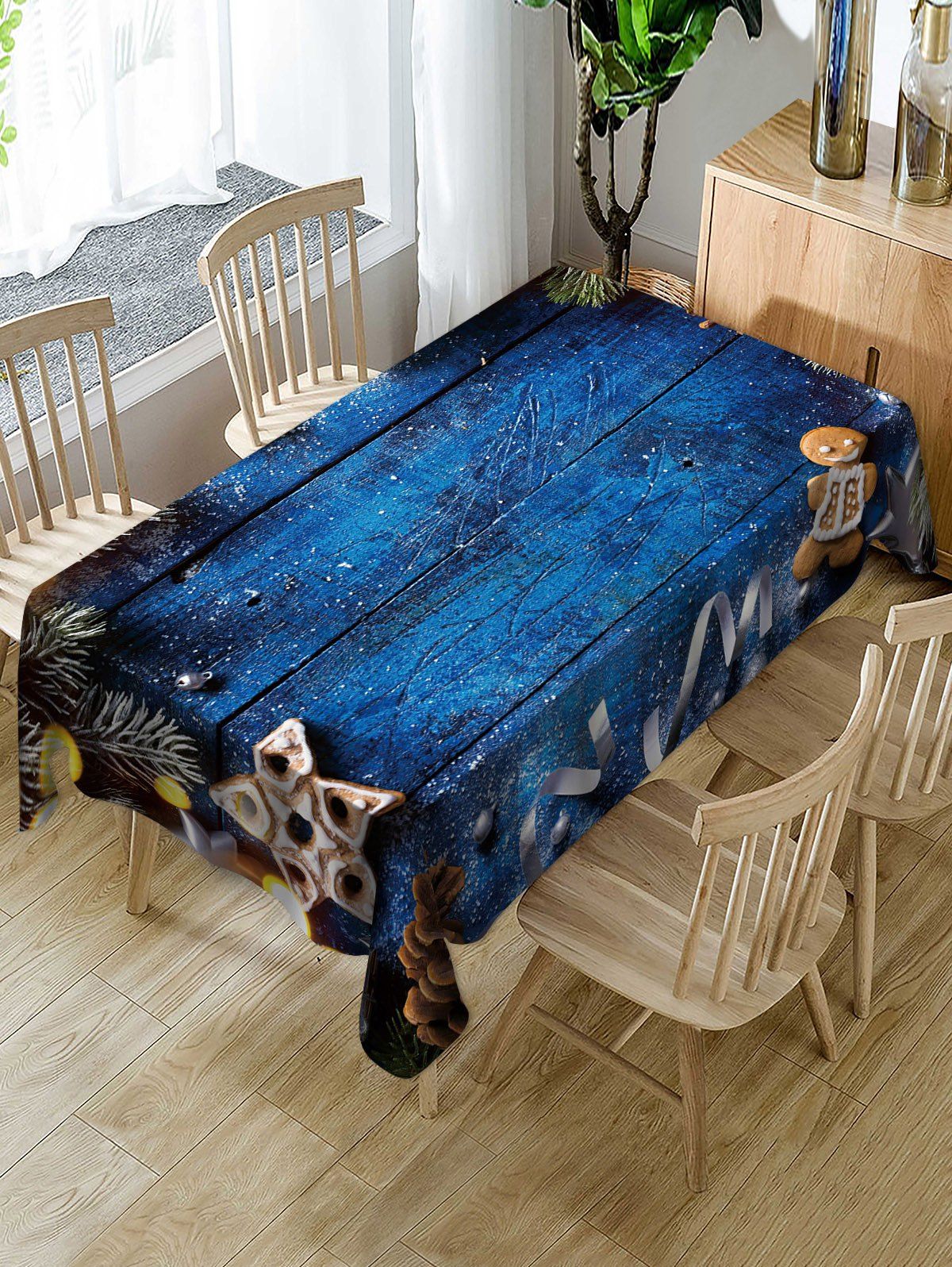 

Christmas Wooden Printed Fabric Waterproof Table Cloth, Blueberry blue