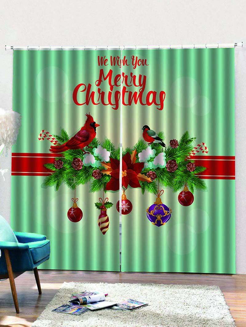 

2PCS Merry Christmas Floral Bird Window Curtains, Clover green