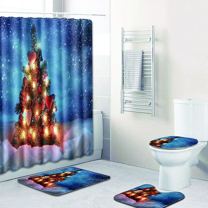 

Christmas Bathroom Shower Curtain Floor Mat Toilet Seat Cushion Toilet Mat, Multi-a