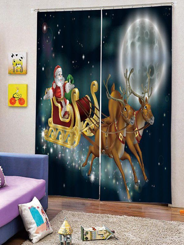 2PCS Father Christmas Deer Moon Window Curtains, Black