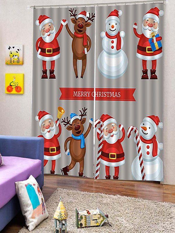 

2PCS Father Christmas Elk Snowman Window Curtains, Smokey gray