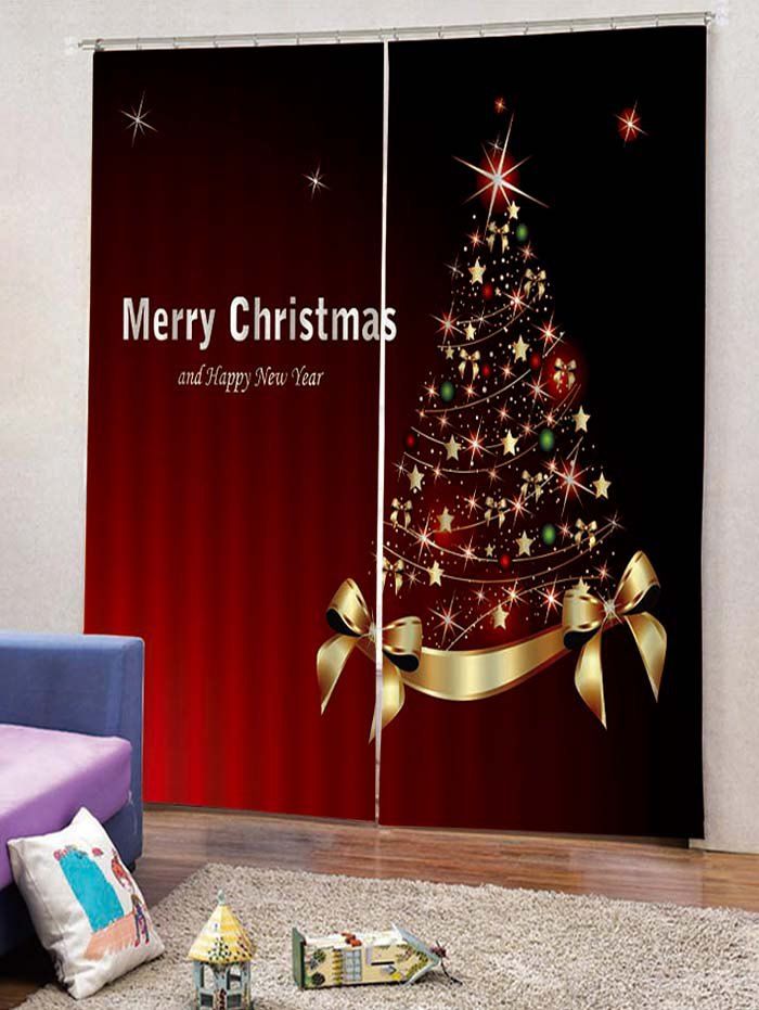 

2PCS Merry Christmas Tree Print Window Curtains, Red wine