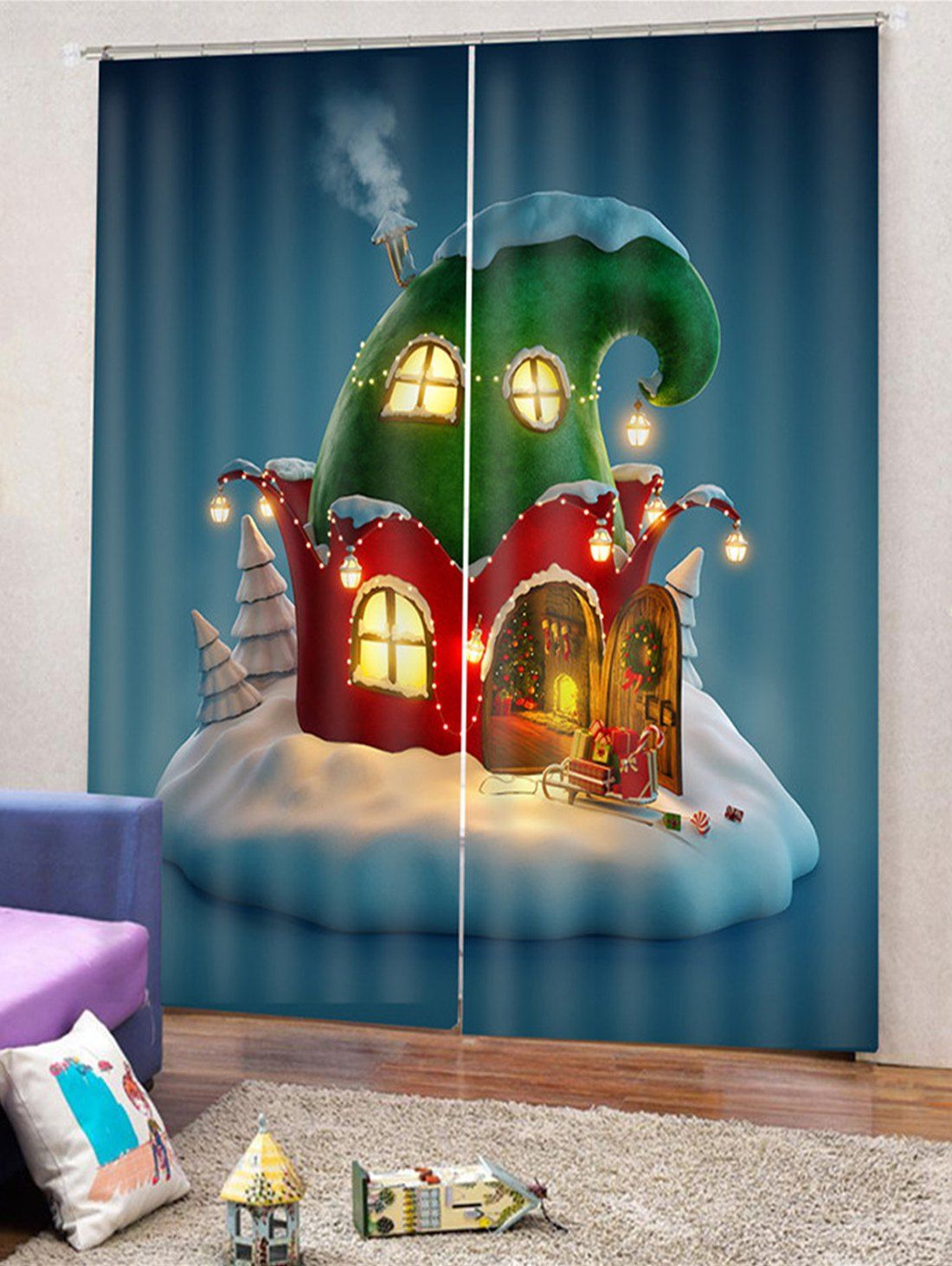 

2PCS Christmas House Printed Window Curtains, Multi