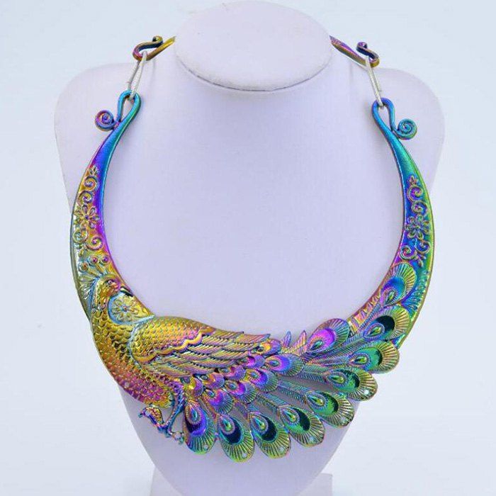 

K1066 Exaggerated Retro Colorful Atmosphere Peacock Double Dragon Play Beads Collar Pendant Necklace, Multi-a
